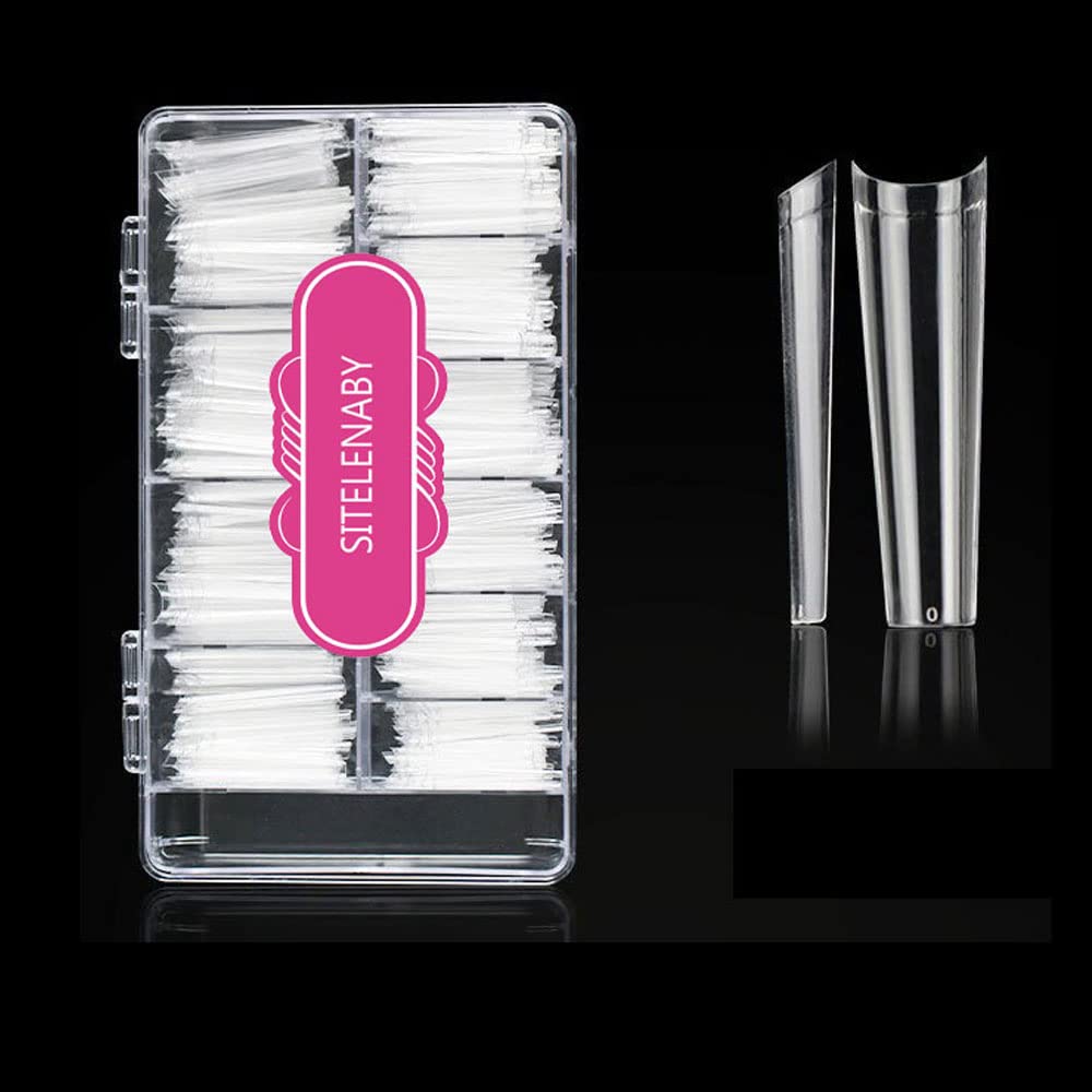 SITELENABY 500pcs Extra Long Clear Acrylic Coffin Nails - No C Curve, 10 Sizes (Coffin 500pcs) With Case
