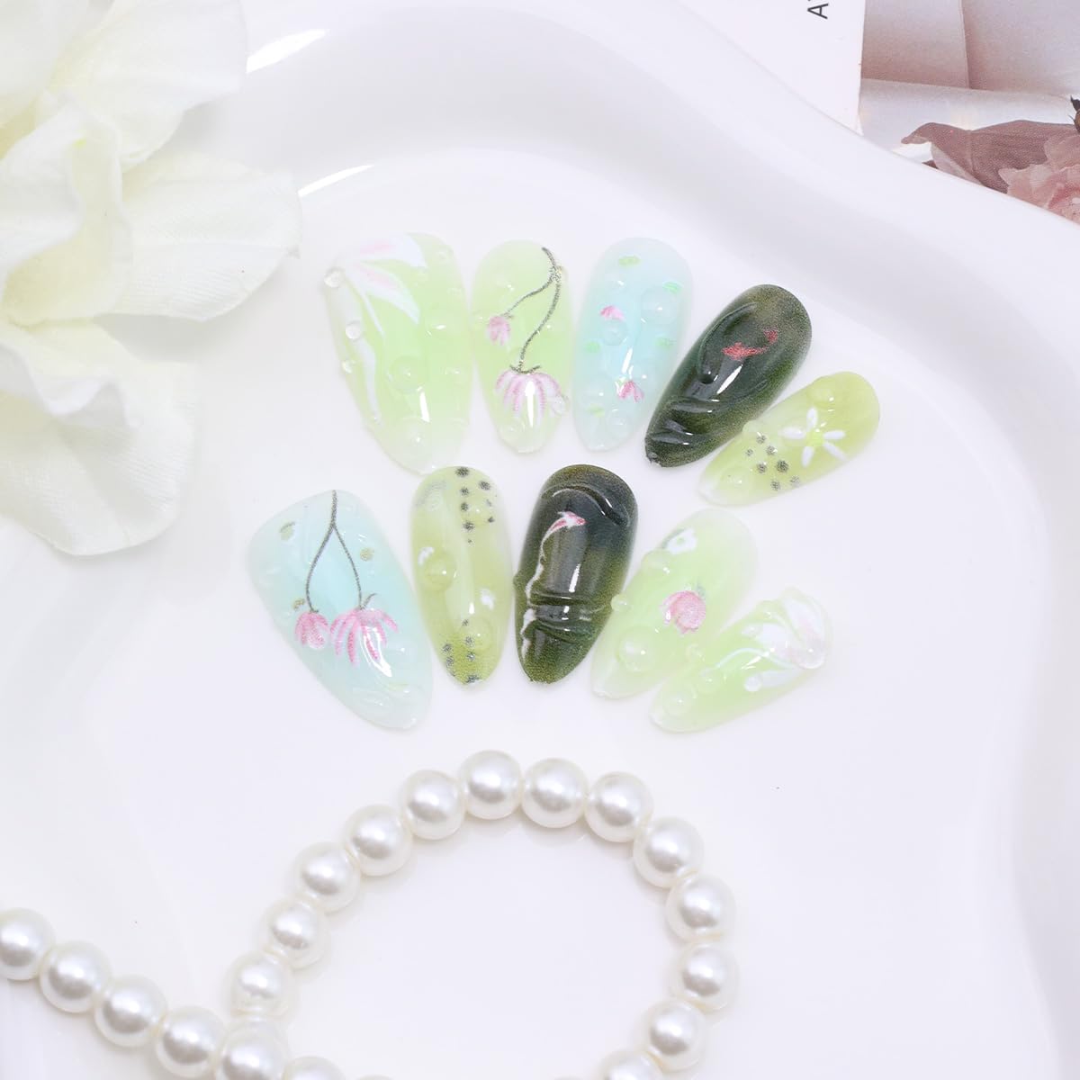 30Pcs Koi Press on Nails Medium Almond Green Fake Nails 3D Water Droplets with Pink White Flower Koi Fish Design Lucky Full Cover Glue on Nails Spring False Nails for Women Acrylic Manicure Salon Kits