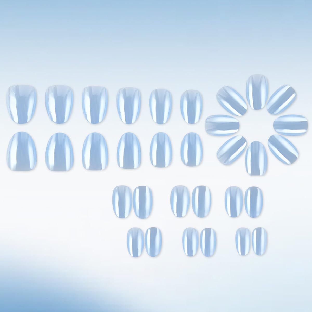 Blue Chrome Press on Nails Short Oval Fake Nails Spring Summer Nails Press ons with Glazed Design,Reusable & Easy Apply Full Cover Stick on Nails for Women Manicure 32Pcs