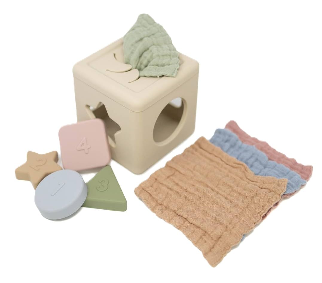 Brooklyn Neutral Silicone Shape Sorter & Tissue Box Toy with Organic Muslin Cotton Cloths - Baby Toys for Development - Montessori Learning Toys for 1 Year Old-Educational Non-Toxic Toy