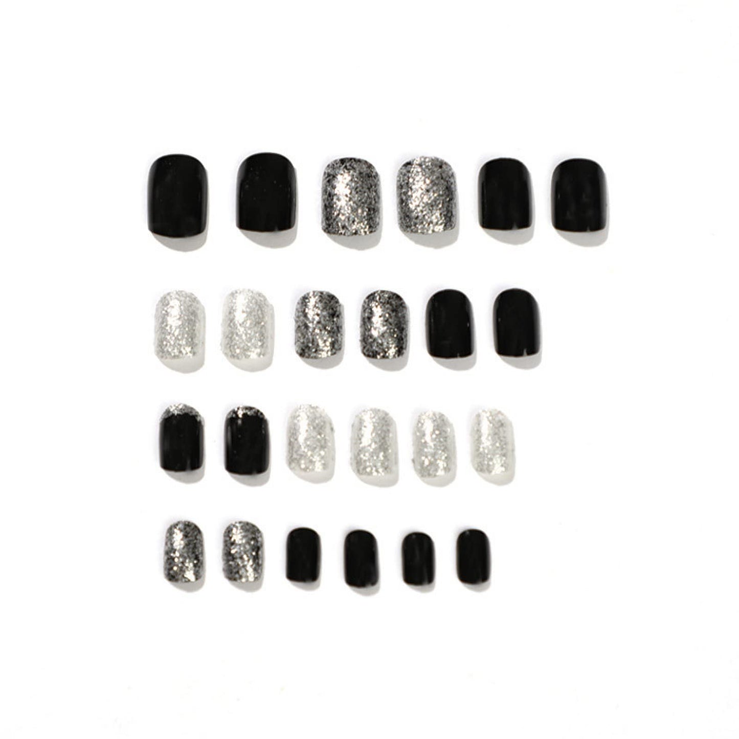 MISUD Press on Nails - Short Square Glue on Nails with Black, Acrylic Bling Glitter Design 24 pcs