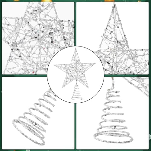 DERAYEE Christmas Star Tree Topper, Xmas Silver Glittered Treetop Metal Hollow Tree Star for Christmas Tree Decorations, Holiday Party Indoor Decor