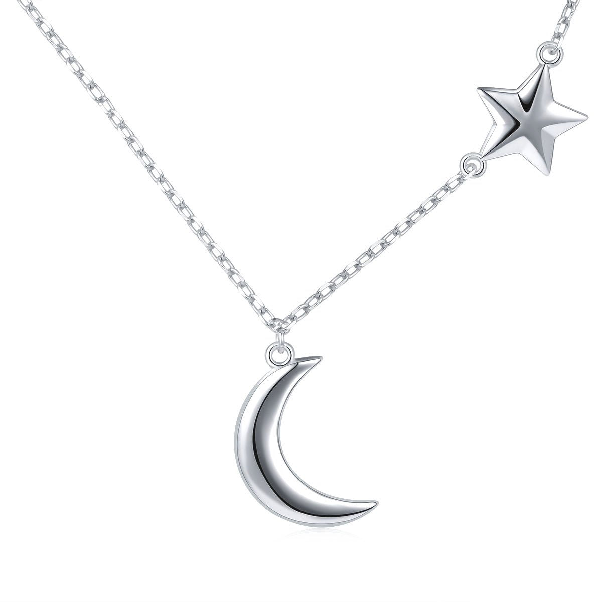 Ladytree S925 Sterling Silver Crescent Moon and Star Jewelry Pendant Necklace,Rolo Chain,18+2"