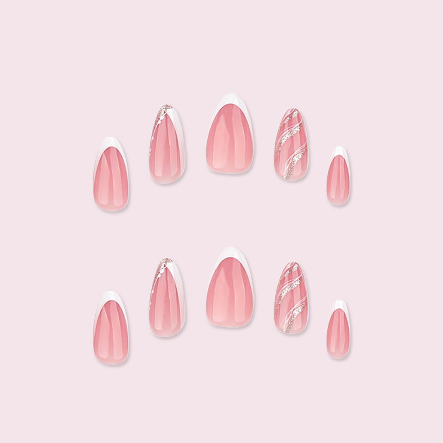 Short Almond Press on Nails With Designs Nude Pink White Fake Nails Press ons Acrylic False Glossy Artificial Full Cover Stick on Nails for Women Girls 24 Pcs