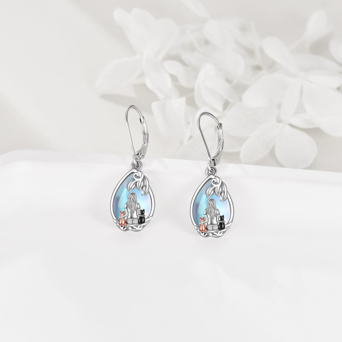 YFN Cat Moonstone Earrings Jewelry 925 Sterling Silver Teardrop Dangle Hypoallergenic Leverback Earring for Women