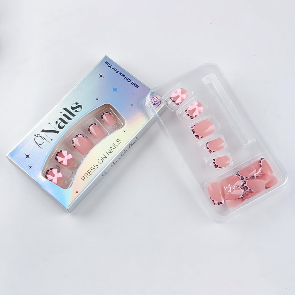French Tip Press on Nails Short Square Fake Nails Leopard French False Nails Tips Bow Charms Glue on Nails Cute Full Cover Acrylic Nails for Women Manicure Nail Decoration 24Pcs