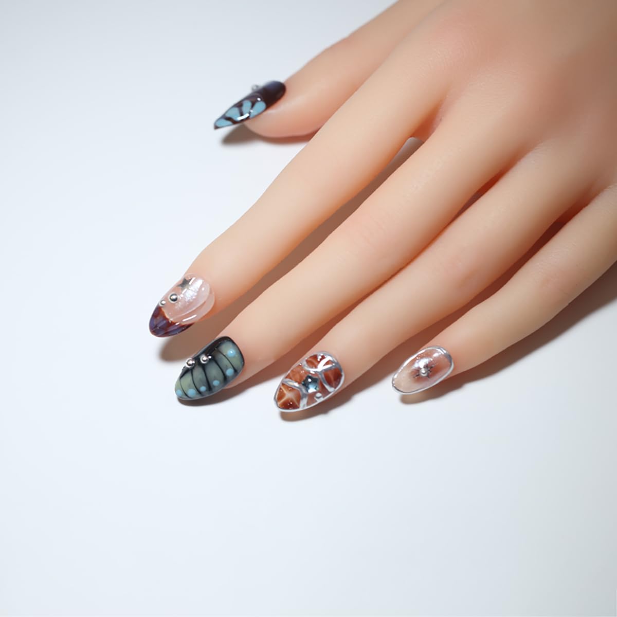10 Short Almond Handmade Press On Nails | 3D Floral Dopamine Sweet & Edgy Design with Snake Pattern, Marbling & Silver Gilding | Skip Salon Trips, Easy to Apply & Remove, Reusable (251112, XS)