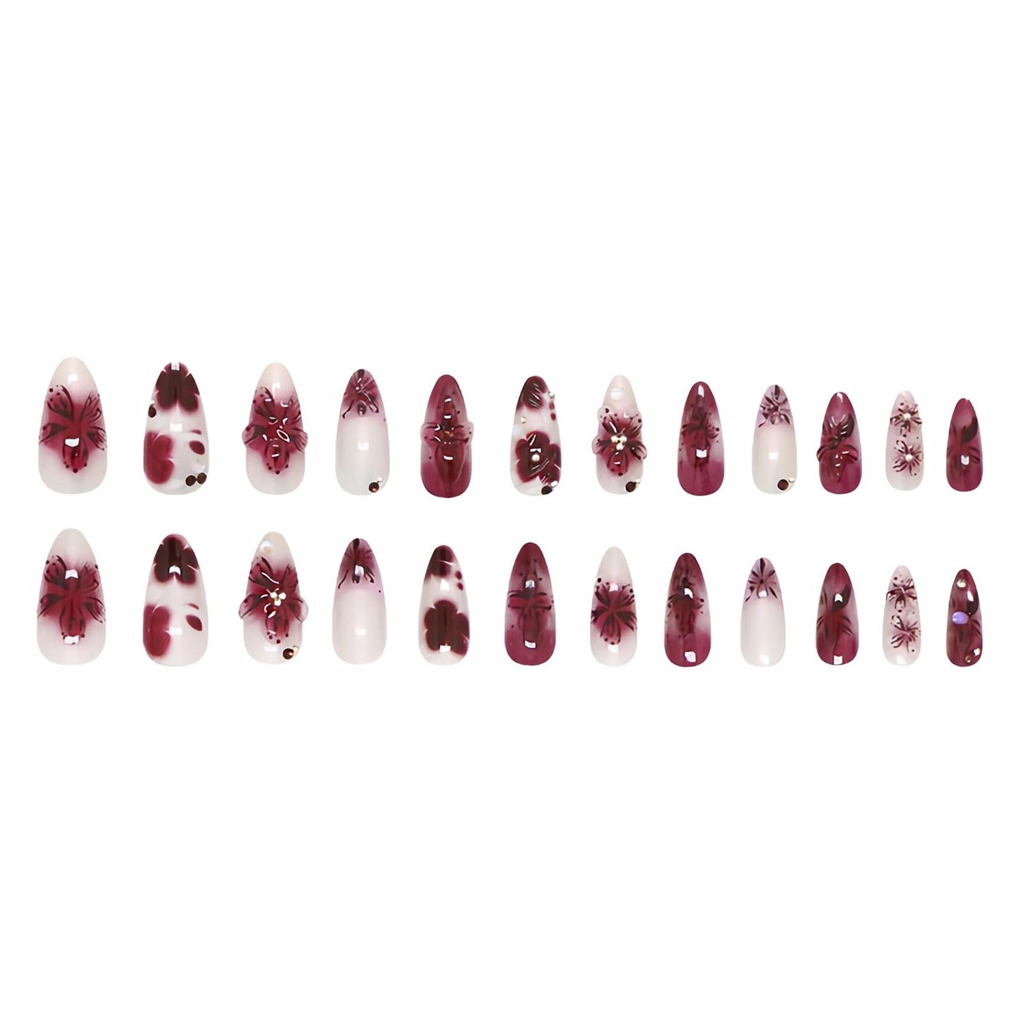 MISUD Press on Nails - Medium Almond Fake Nails with Purple Acrylic Handmade 3D Flower Design 24 pcs