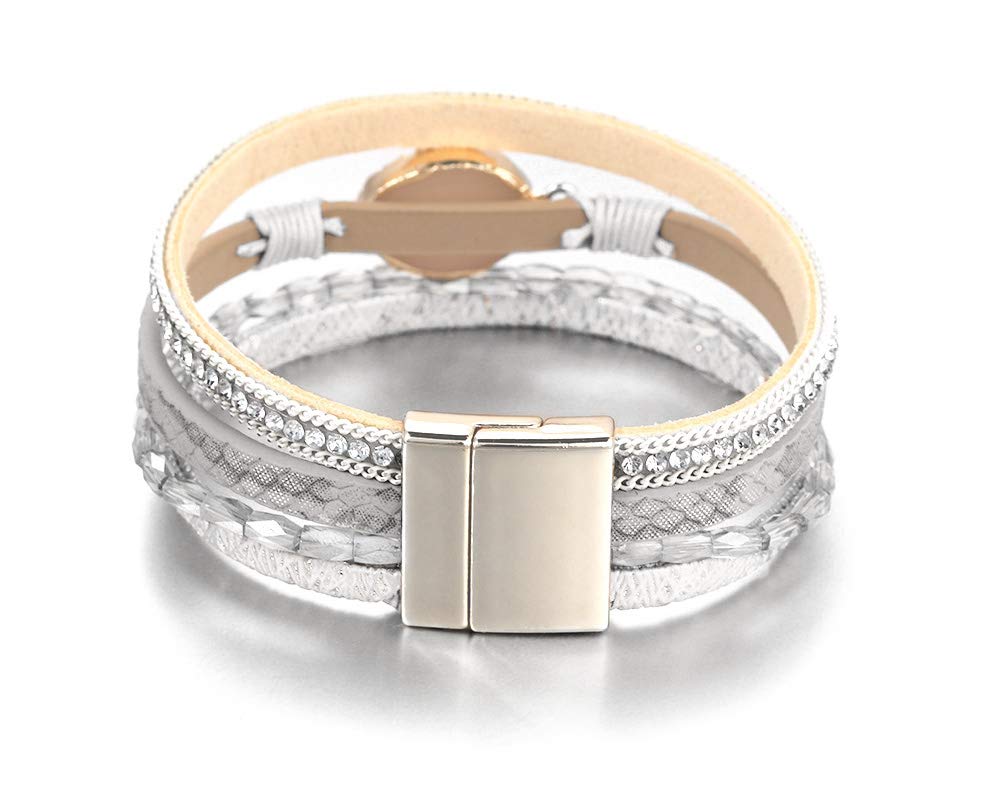 Fesciory Leopard Bracelet for Women, Boho Leather Wrap Multi-Layer Pearl Crystal Bracelet Bangle Jewelry(White Stone(Short))