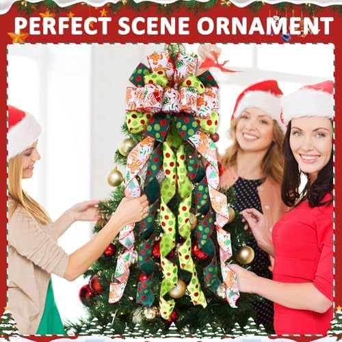 Suncalla 2 Pcs 44 x 13 Inch Large Christmas Tree Toppers Green Christmas Tree Ornaments Gingerbread Man Ribbon Bows Lime Green Glitter Polka Dot Wreath for Xmas Holiday Indoor Front Door Staircase