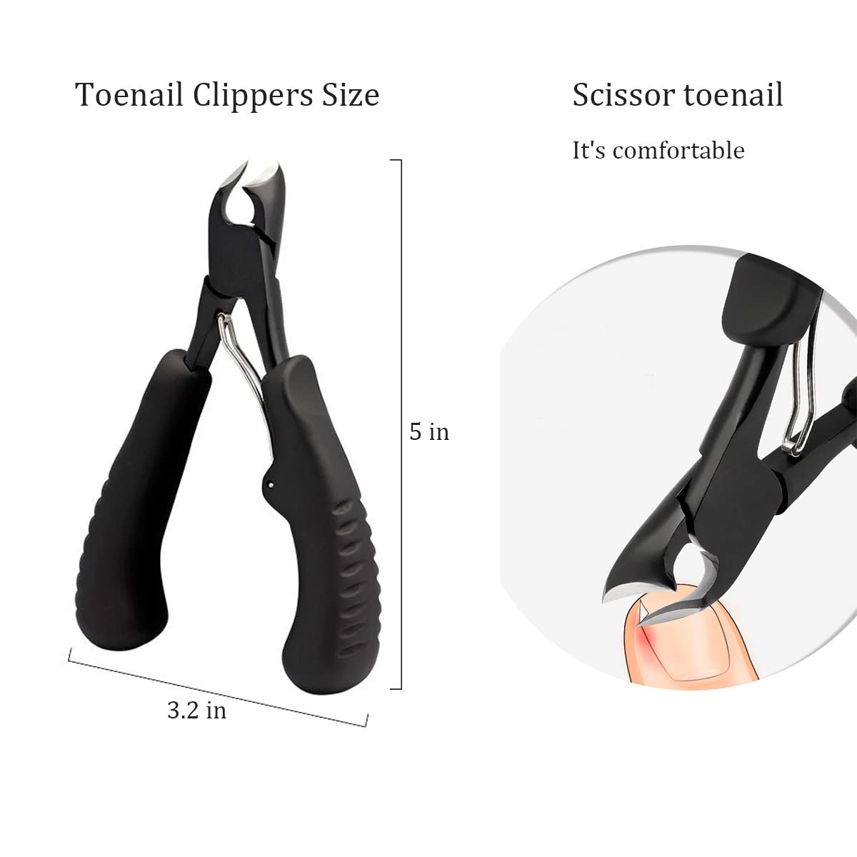 Toenail Clippers for Thick Nails, Stainless Steel, Sharp Ingrown Nail Cutter with Non-Slip Grip Handles, Black