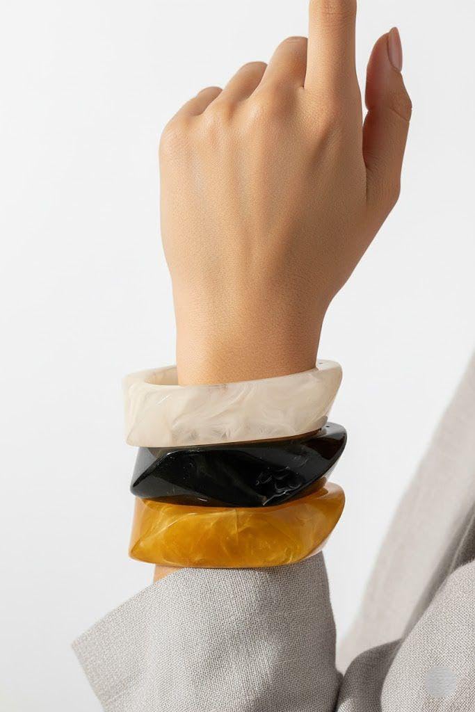 SHAFA IMPEX Acrylic Bangle Bracelets for Women, Colorful Resin Chunky Wide Irregular Jewelry, 3 Pieces