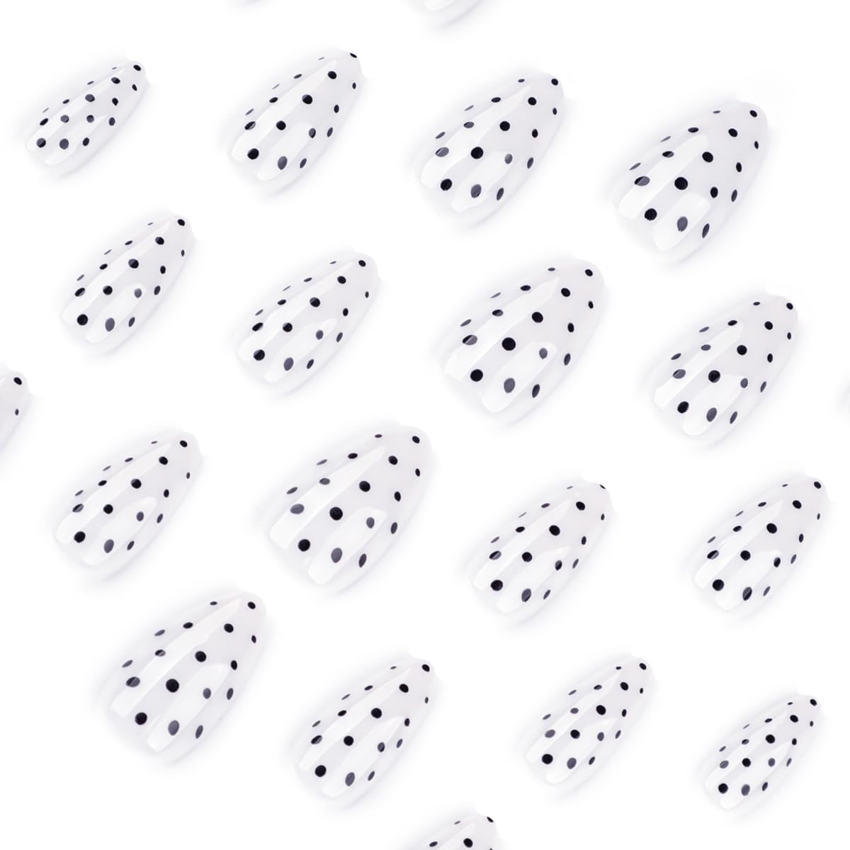 SYPAFG Medium Almond Press on Nails - White Polka Dot with Black Dots, Full Cover Glossy Fake Nails 24PCS for Women
