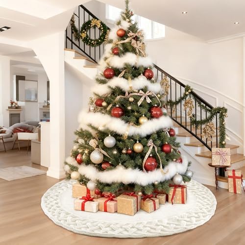 TOCHGREEN White Knitted Christmas Tree Skirt 36 inches Chunky Cable Knit Thick Rustic Christmas Tree Mat Farmhouse Decor Xmas Tree Base Cover for Home Holiday New Year Party Decor (White, 36inch)