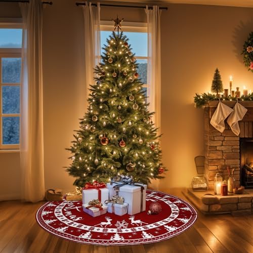 OurWarm Christmas Tree Skirt 60 Inches, Knit Red Tree Skirt for 7 ft Tree & 9ft Tree, Double Sided Knitted Tree Skirt Snowflake Xmas Tree Skirts for Winter Rustic Farmhouse Holiday Tree Decor