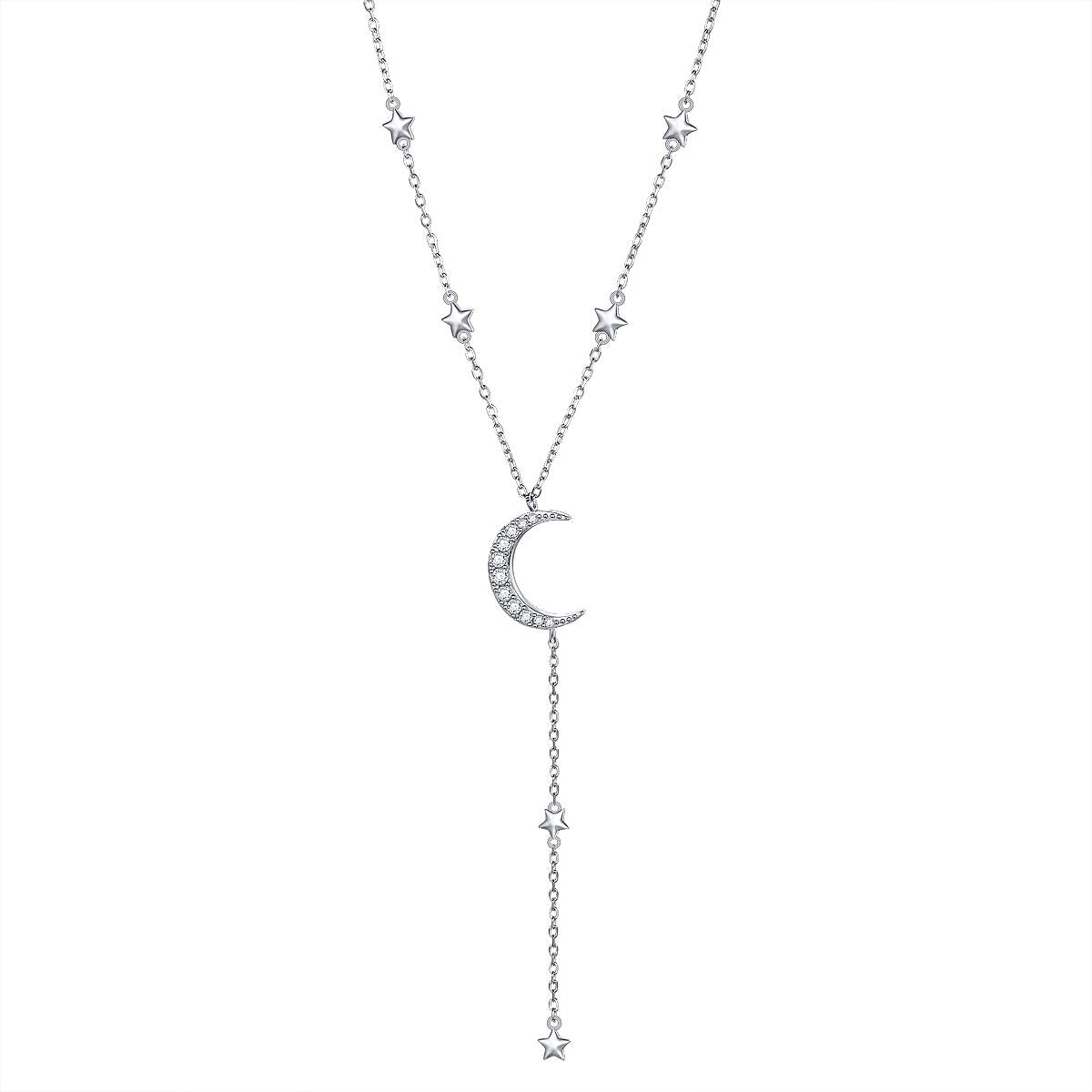 Ladytree S925 Sterling Silver Crescent Moon and Star Celestial Jewelry CZ Y Necklace Rolo Chain 18 inches to 20 inches