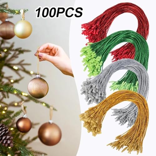 100pcs Ornament Hangers String, 7.87 Inch Precut Metallic Tinsel Rope Ornament Hanging Ropes with Snap Fastener for Christmas Tree Baubles Tags Party Favor, Red