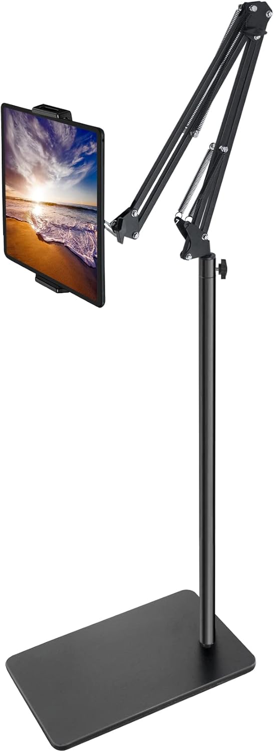 Tablet Floor Stand with Double Weight Base, Overhead Bed Phone Mount Height Adjustable Arm Stretchable Stand Holder, Compatible with iPad Mini Air Pro, Galaxy Tab, Kindle, Switch, Cell Phones