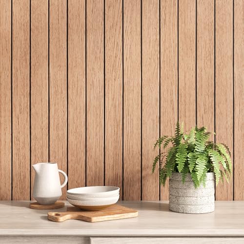 VEELIKE 30''x118'' Cherry Wood Wall Panels Peel and Stick Slat Wood Panel Vinyl Roll for Living Room Bedroom Farmhouse Self Adhesive Removable Slat Wall Paper for Accent Walls TV Background Ceiling - size: 30" x 118"