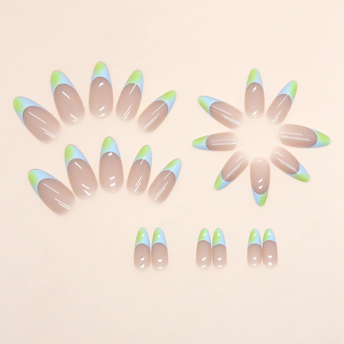 IMSOHOT Almond Press on Nails Medium Green Gradient French Tips Fake Nails with Designs Nude Glossy Full Cover Acrylic False Nails Glue on Nails for Women 24Pcs