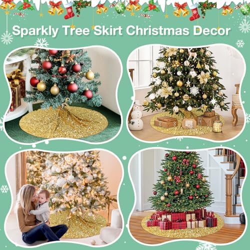 Small Gold Christmas Tree Skirt 21 Inches Glittery Sequin Tree Skirt Round Mini Tree Base Cover with Gold Sequins Tree Skirts Christmas Pencil Tree Skirt for 4ft Xmas Tree Home Decoration