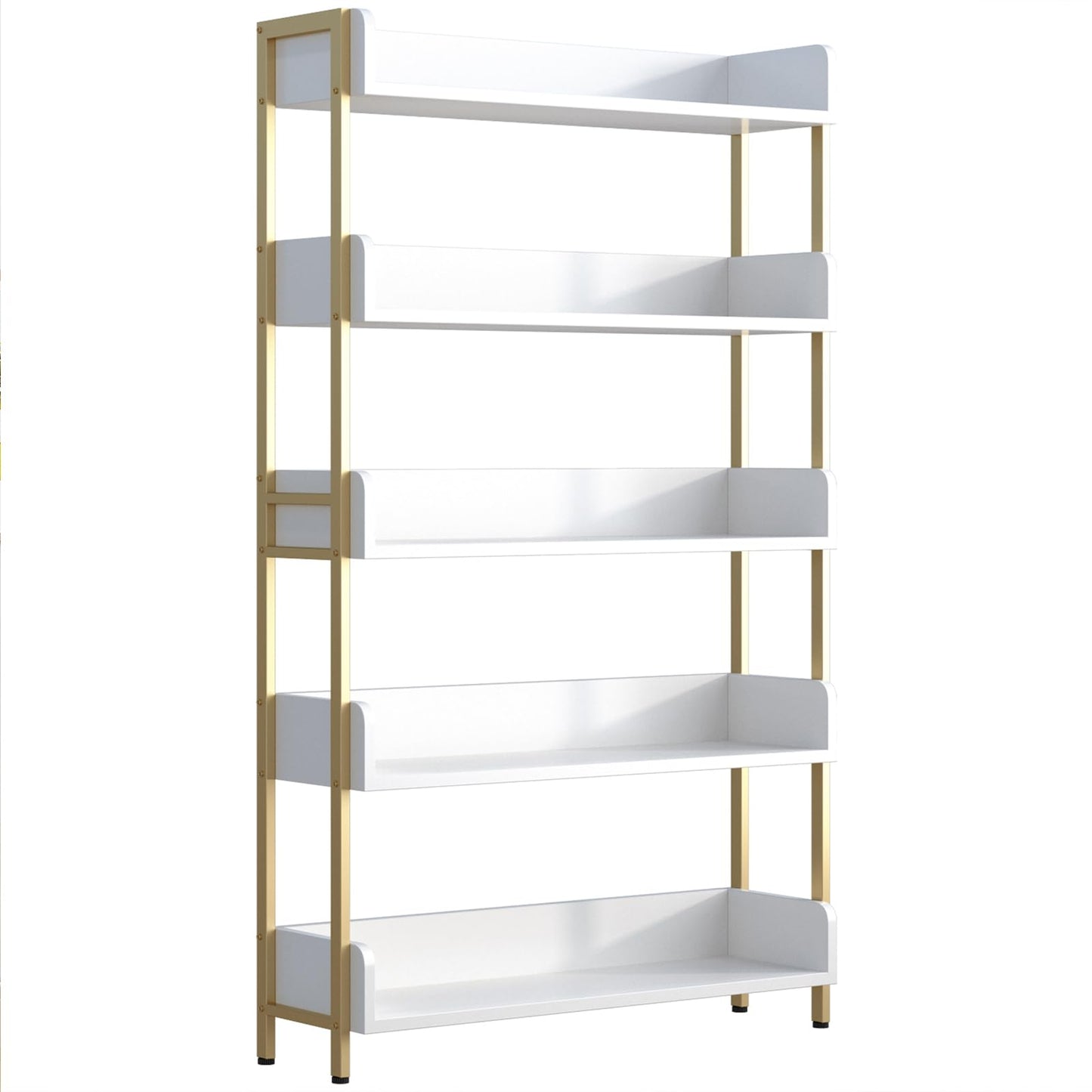 OSCHF Wide Open Shelf Bookcase - Modern 5-Tier Freestanding Display Bookshelf with Three-Side Panels for Home and Office, Storage Shelving in Warm White with Gold Frame