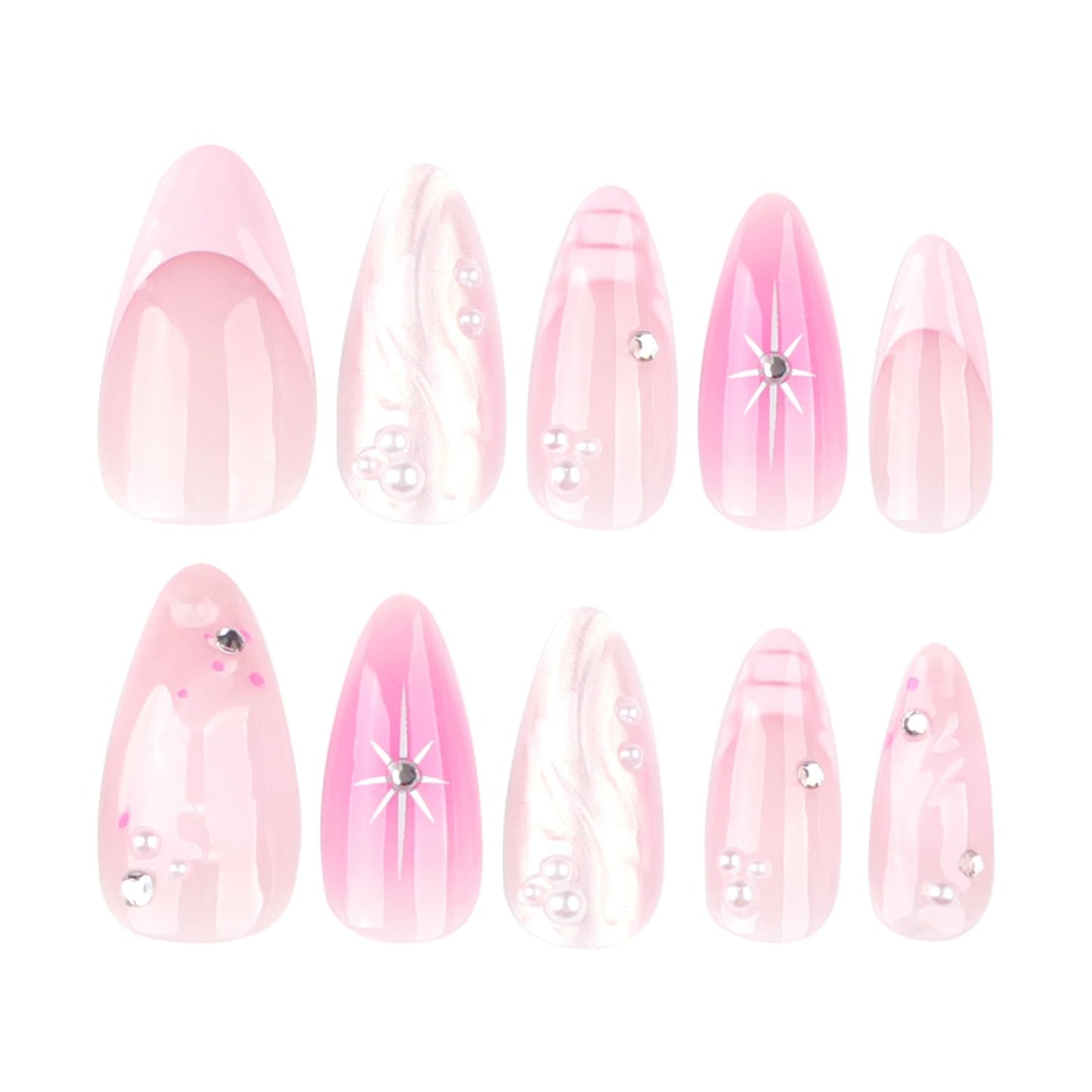 Pink Press on Nails Medium Almond Fake Nails 3D French Tip Water Ripple Artificial Glue on Nails with Rhinestone Pearl Charms Design Shiny Star False Nails Full Cover Stick on Nails for Women 24Pcs