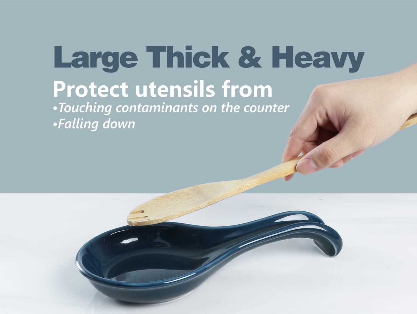 ONEMORE Spoon Rest for Stove Top, Extra Large Blue Ceramic Coffee Spoon Holder for Kitchen Counter, Heat-resistant Spatula Ladle Cooking Utensil Rest for Kitchen Decor