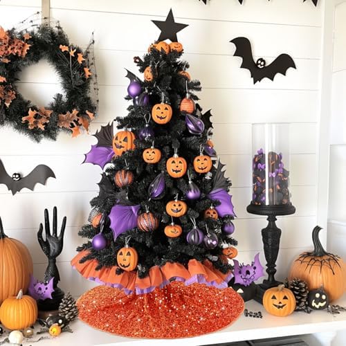 21 Inches Mini Christmas Tree Skirt - Orange Sequins for Pencil Tree Mat, Burnt Orange Glitter Halloween Skirt, Small Velvet for 4ft Xmas Tree Decorations