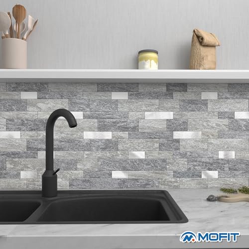 MOFIT Backsplash Tile for Kitchen Peel and Stick Stone Matte Finish,Bathroom Tiles Stickers 3D Wall Panel Linear Mosaic Marble Backsplash Waterproof(10sheets,Gray Silver) - color: Gray Silver, size: 10sheets