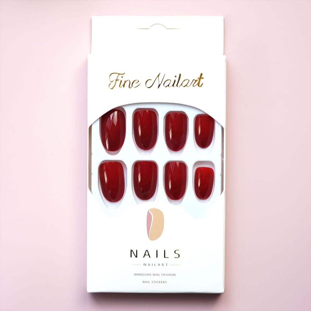 RUPOFUZA Red Almond Press on False Nails Medium Round 24pcs Solid Colour Red Designs Acrylic Nail Press ons Artificial Nail Stick on Nails for Women