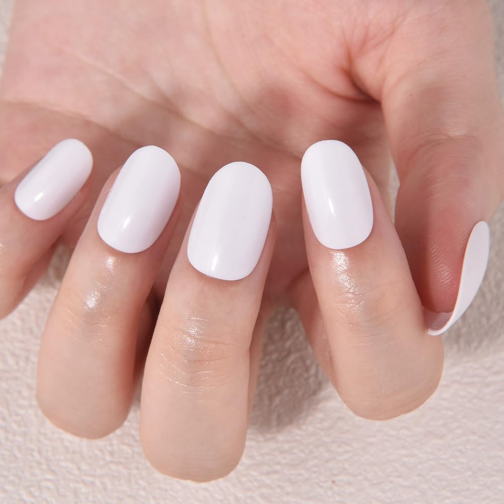 evpct White Glossy Press on Nails Oval Medium for Women Gift, Medium Oval White Fake Nail with Nail Kit Manicure Kit, Soft Gel Full Cover Reusable Stick on Soft Acrylic False Nails Perfectly Fit