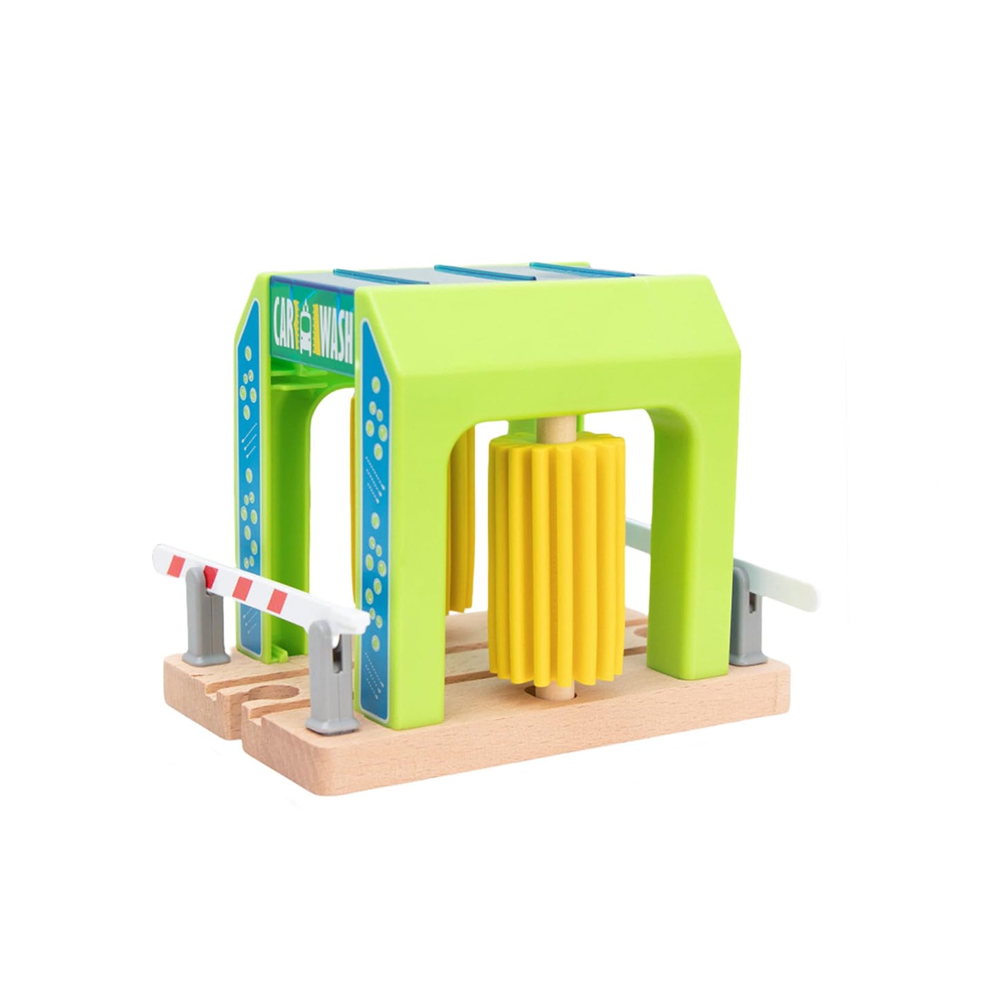 Wooden Car Wash Station with Train Truck,Expansion Pack Compatible with Railway Train Set,Wooden Toy Train Accessory for Kids Age 3 and Up
