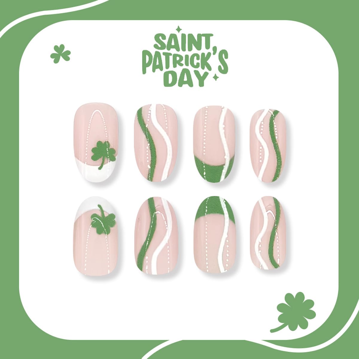 St. Patrick's Day Press on Nails Medium Oval Fake Nails Green French Tip Glue on Nails Press ons with Striped, Clover Design,St. Patrick's Day Nail Full Cover Stick on Nails for Women Manicure 24Pcs