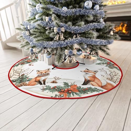 Foxes Christmas Tree Skirt by Leo Walker Large Merry Christmas Tree Rug Skirts Rustic Farmhouse Xmas Mat for Holiday Festival Party Decor