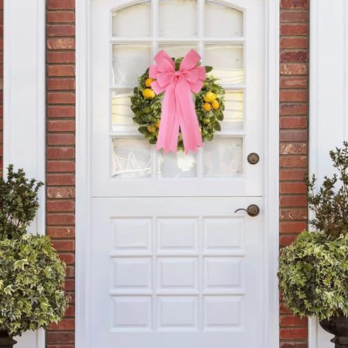 Meseey 2 Pcs 20 x 10 Inch Large Pink Burlap Bows, Wired Edge Premade Burlap Bows for Wreaths, Front Door Decor, Easter Decorations, Tree Topper, Gift Wrapping, Wedding and Baby Shower Decor