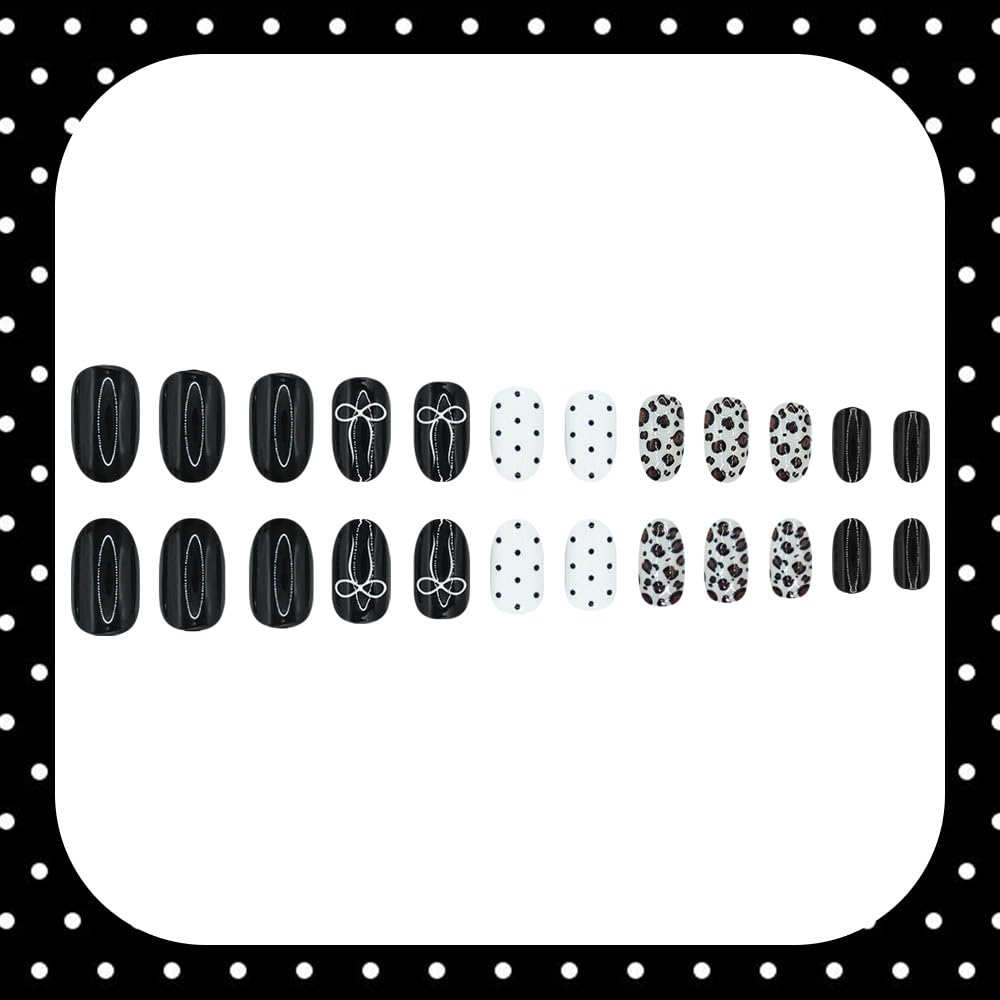 Black White Press on Nails Medium Oval Fake Nails Glossy False Nail with Designs Polka Dot | Leopard | Bow,Y2K Reusable Glue on Nail Full Cover Stick on Nails for Women Manicure 24Pcs