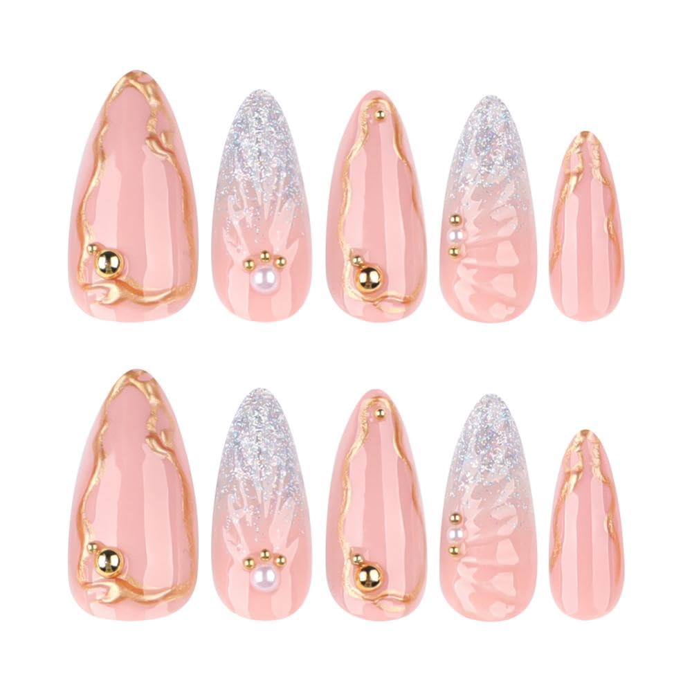 Medium Almond Press on Nails Skin Tone False Nails with 5D Pearl Waterdrop Shell Design Gold Irregular Lines Fake Nails Silver Glitter Glue on Nails Glossy Rhinestones Nail for Women Manicure 24Pcs