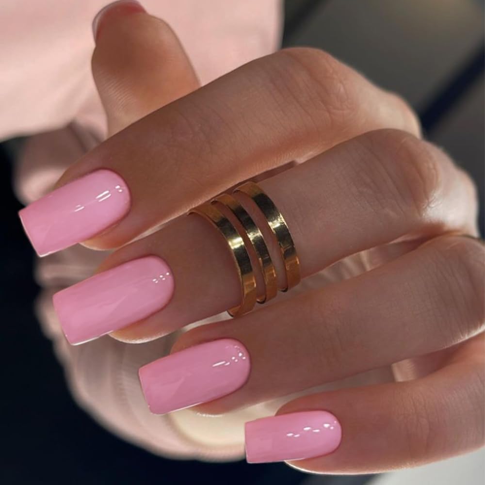 Baby Pink Press On Nails Medium Long Square, Xcreando Medium Coffin Nails Acrylic Nails Press ons Glue on Nails Medium Length, Solid Color Fake Nails for Women, Natural Thick Artificial Nails Stick on