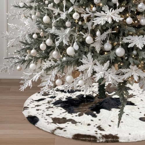 Cow Print Christmas Tree Skirt, 36 inches Western Cowhide Faux Fur Christmas Tree Skirt for Xmas New Year Home Party Decorations