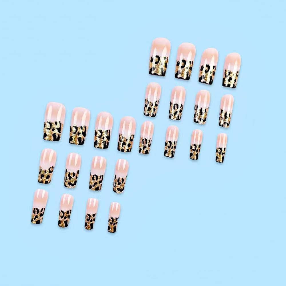 Leopard Print French Tip Press on Nails Long Square Nude Gradient Gold Glossy Fake Nails with Glue Coffin Shape Glitter Acrylic Nails for Women Manicure Decoration 24PCS Reusable False Nails