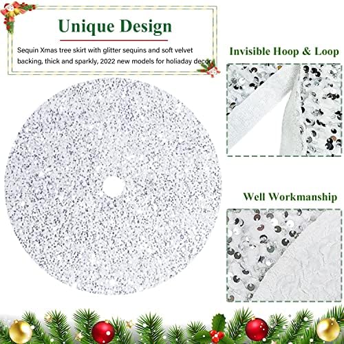Velvet Christmas Tree Skirt White and Silver Sequin Tree Skirt 21 Inch Round Tree Mat Luxury Embroidered Sequined and Velvety Xmas Tree Skirts Sparkly Skirt for Small Tree Christmas Holiday Decor
