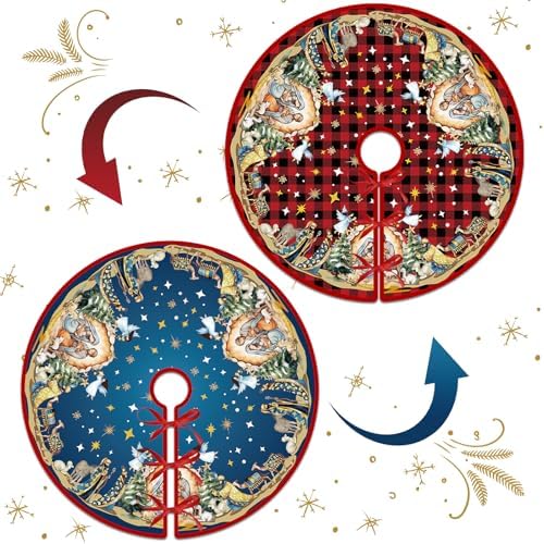 Reversible Nativity Scene Christmas Tree Skirt 36 Inch Religious Christmas Tree Mat Jesus Christian Christmas Tree Skirt Buffalo Plaid Holy Night Winter Holiday Tree Mat Decoration