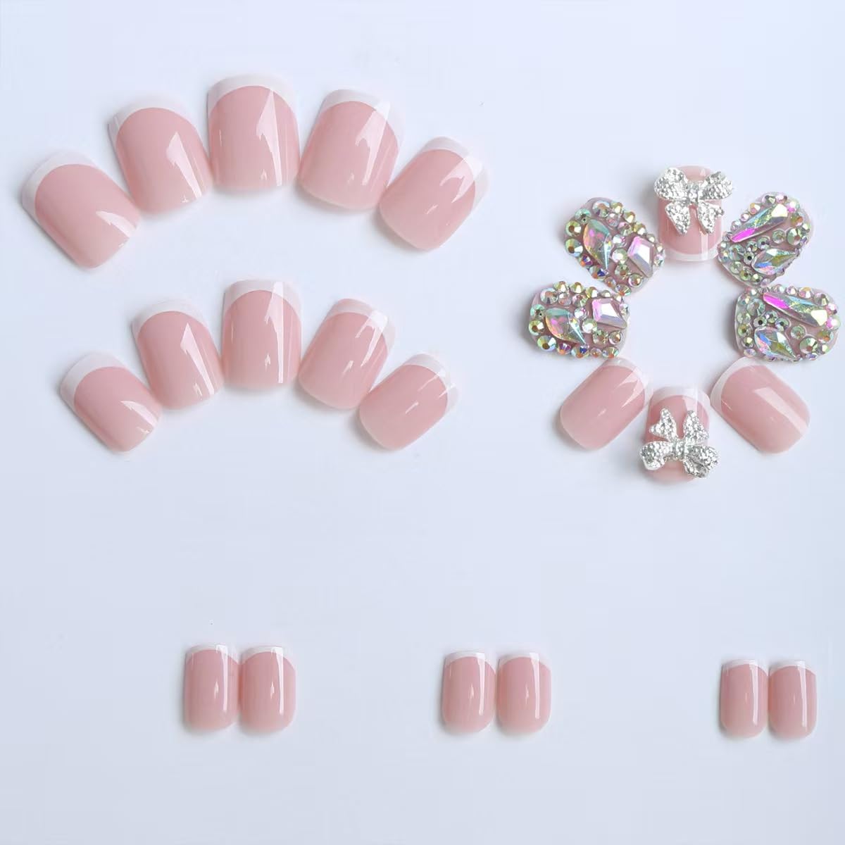 Rhinestone Press on Nails Square Medium Fake Nails with 3D Sliver Bow White French Tip Design Full Cover Sparkling Stick on False Nails for Women 24 Pcs