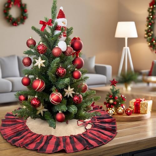 Mini Buffalo Plaid Burlap Tree Skirt with Red and Black Ruffle, 24 inch Small Red Black Gingham Chrismtas Tree Skirt, Rustic Farmhouse Christmas Tree Decorations for Tabletop Tree, Xmas Tree Mat