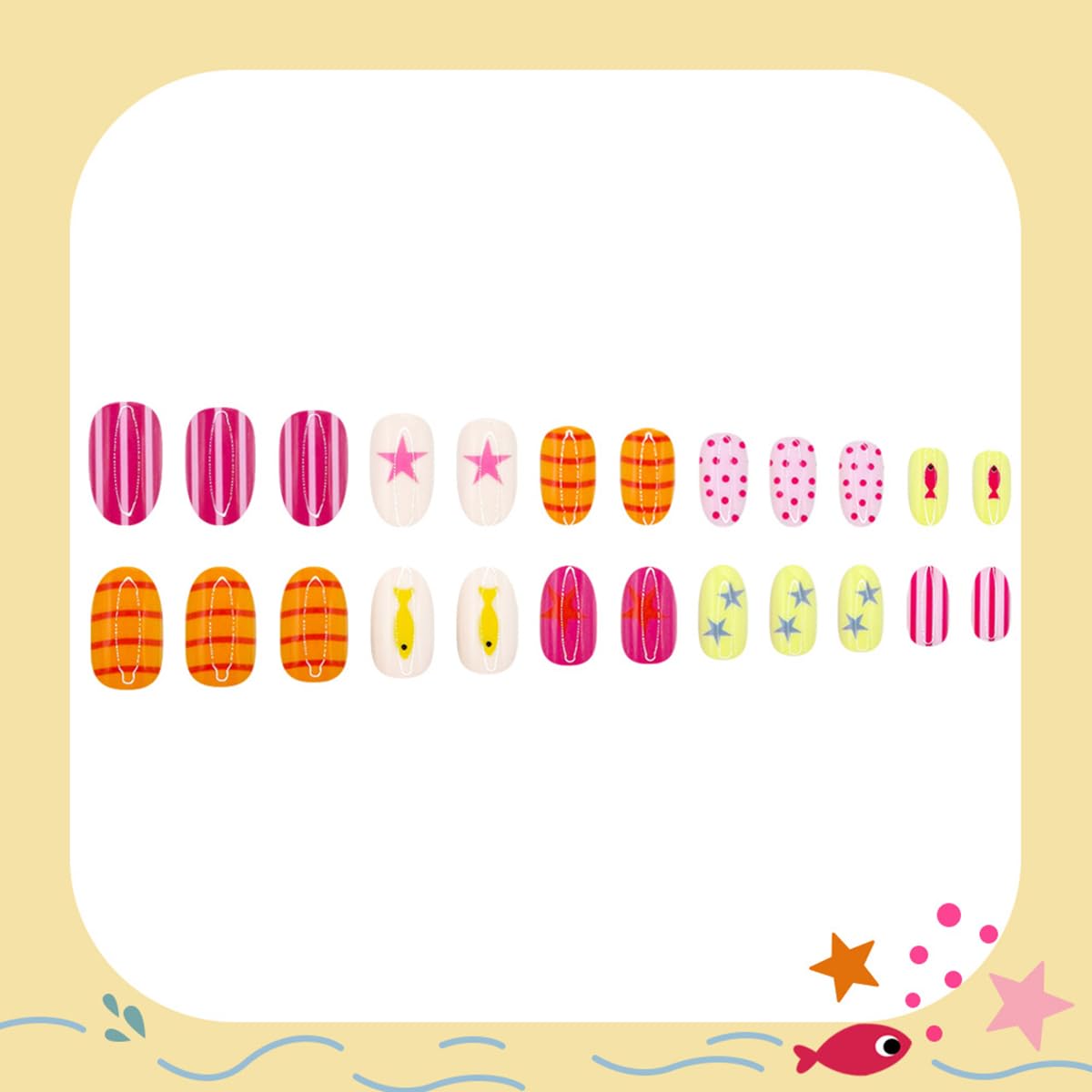 24 Pcs Summer Press on Nails Short Oval WLGDLH Fake Nails, Striped False Nails Press ons with Ocean Fish Star Polka Dots Design, Multicolor Glue on Nails for Women Manicure, Glossy Finish