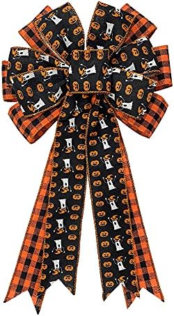 Large Black Red Buffalo Plaid Wreath Bow - Ghost Pumpkin Halloween Decoration for Indoor/Outdoor Wall/Door