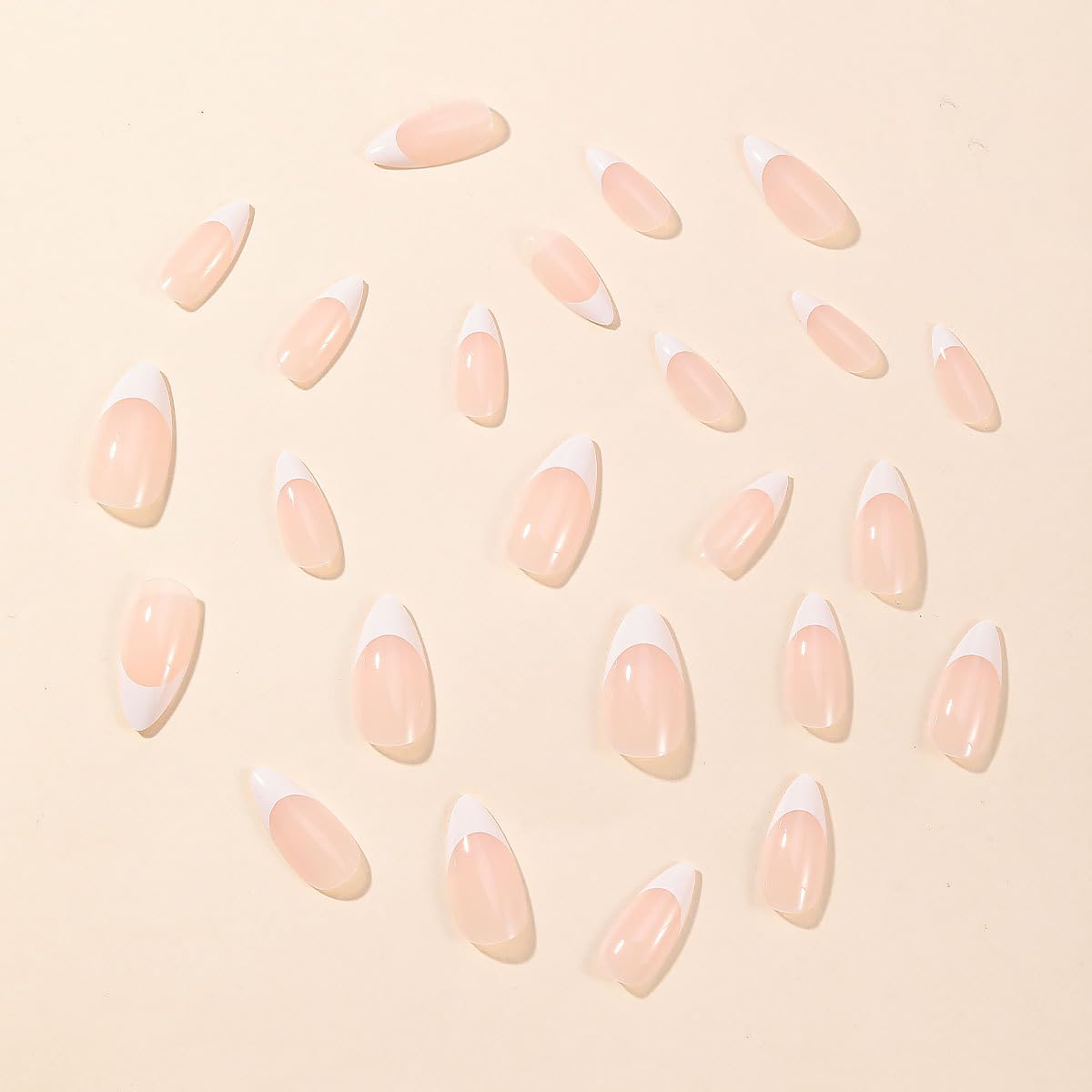 24pcs Medium Almond Press on Nails White Nail Tips Fake Nails Glossy Nude Pink False Nails Stick on Nails Full Cover Artificial Glue on Nails Acrylic Nail Kit for Women Girls DIY Manicure Salon