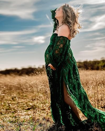 Saslax Soft Stretchy Lace Off Shoulder Doubly Split A-line Skirt Maternity Dress Pregnancy Maxi Gown for Photoshoot - color: Green, size: Large