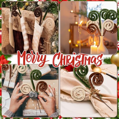 Daifunli 12 Pcs Curly Christmas Tree Velvet Decoration, White, Green, Brown